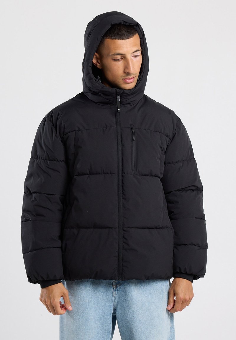 Black puffer jacket with a hood, featuring a front zipper, elastic cuffs, and horizontal quilted sections for insulation.