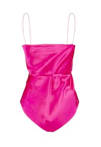 Pink satin swimsuit with thin spaghetti straps, featuring a fitted bodice and a slightly flared, smooth-textured bottom.