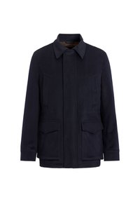 Tummansininen takki teksturoituneesta kankaasta, jossa on kauluskantti, kaksi etutaskua ja pitkät hihat. Siisti, minimalistinen muotoilu.