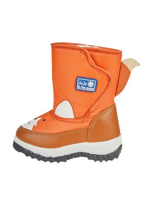 Botte d'hiver pour enfant orange et marron avec motif visage de renard, semelle blanche et étiquette « JoJo dans la neige » sur le côté.