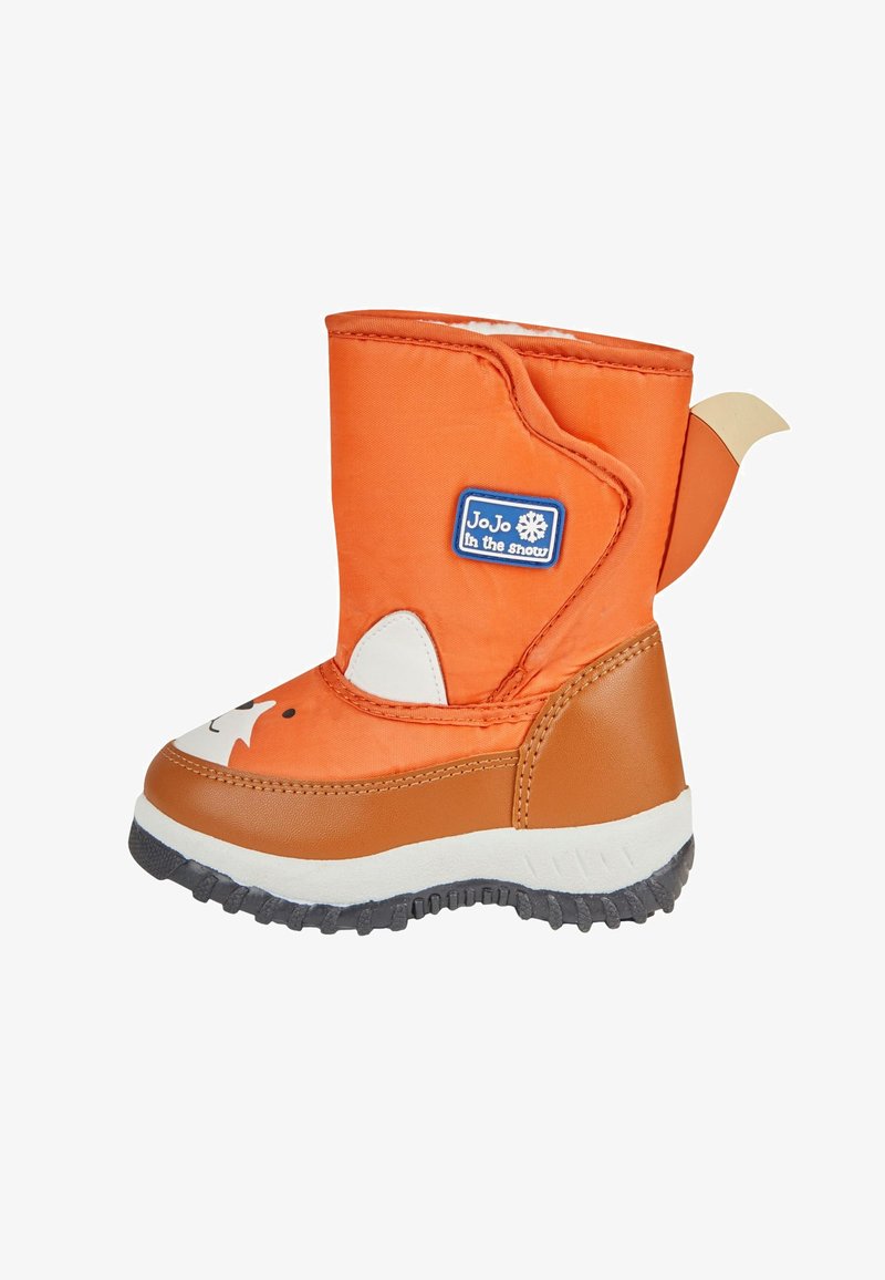 Botte d'hiver pour enfant orange et marron avec motif visage de renard, semelle blanche et étiquette « JoJo dans la neige » sur le côté.