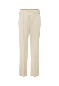 Beige, fitted trousers with a smooth texture and elastic waistband. Pleats down the front and a small gold accent on the waistband.