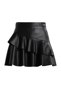 Jupe en cuir noir avec un design évasé, comportant des volants superposés et une taille ajustée. Texture lisse avec une apparence élégante.