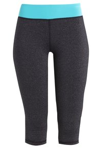 Leggings capri de sport noirs avec une ceinture turquoise. Texture lisse, coupe ajustée et longueur jusqu'aux chevilles, adaptés pour les activités sportives.