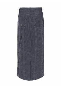 Pruhovaná midi sukňa v námorníckej modrej a bielej farbe, so strihom do rovna, štyrmi vreckami a detailom na páse. Vyrobená z jemnej tkaniny s hladkou textúrou.