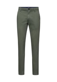 Chino en coton vert avec une coupe slim, présentant une fermeture à bouton, des passants de ceinture et des poches latérales. Texture lisse et lignes épurées.