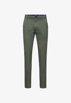 Grønne bomulds chinos med slim fit, der har en knaplukning, bæltestropper og sidelommer. Glat tekstur og rene linjer.