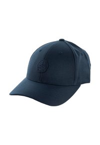 Marineblauwe stoffen baseballpet met een ronde kroon, een gebogen klep en een gestikt logo aan de voorkant.