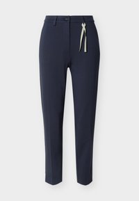 Μπλε παντελόνι στυλ slim-fit με θηλιές για ζώνη, κούμπωμα με κουμπί και διακοσμητική ανοιχτόχρωμη κορδέλα στη δεξιά πλευρά.