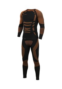 Black athletic compression set featuring long sleeves and leggings with orange mesh accents and geometric patterns for enhanced breathability.
