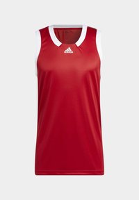 Rotes ärmelloses Sportoberteil aus glattem Material, mit einem runden weißen Kragen und weißen Akzenten an den Schultern. Adidas-Logo auf der Brust.