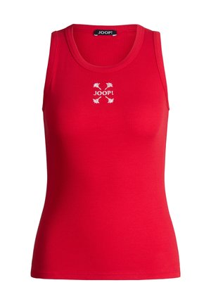 Rotes, geripptes, ärmelloses Tanktop mit rundem Ausschnitt und weißem "JOOP!"-Schriftzug sowie floralem Logo in der Mitte der Brust.