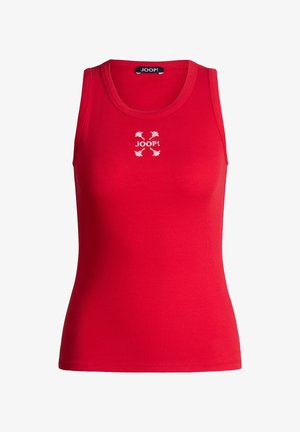 Rotes, geripptes, ärmelloses Tanktop mit rundem Ausschnitt und weißem "JOOP!"-Schriftzug sowie floralem Logo in der Mitte der Brust.