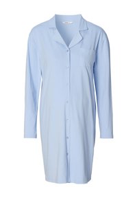 Lichtblauwe knoop-down nachtjapon, lange mouwen, zachte stof, notch-kraag, enkele borstzak, knielange ontwerp, gladde textuur.