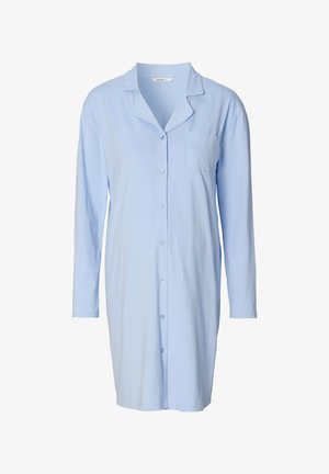 Lichtblauwe knoop-down nachtjapon, lange mouwen, zachte stof, notch-kraag, enkele borstzak, knielange ontwerp, gladde textuur.