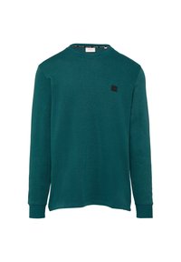 Groen sweatshirt met lange mouwen, gemaakt van zachte stof, met een ronde halslijn en een klein zwart logo op de borst.