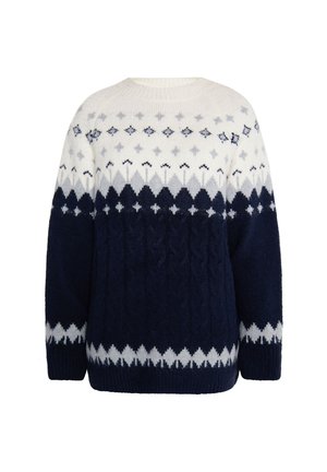 Gestrickter Pullover mit weißen, grauen und marineblauen geometrischen Mustern, Rundhalsausschnitt und langen Ärmeln, vorne auf weißem Hintergrund gezeigt.