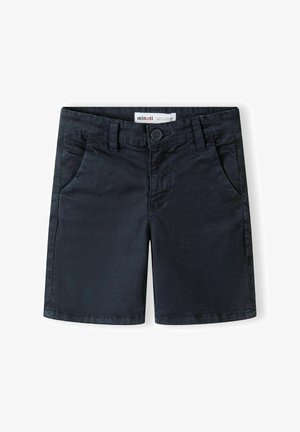 Shorts en coton bleu marine avec une texture lisse, dotés de deux poches avant, d'une fermeture à bouton et de détails de couture minimalistes.