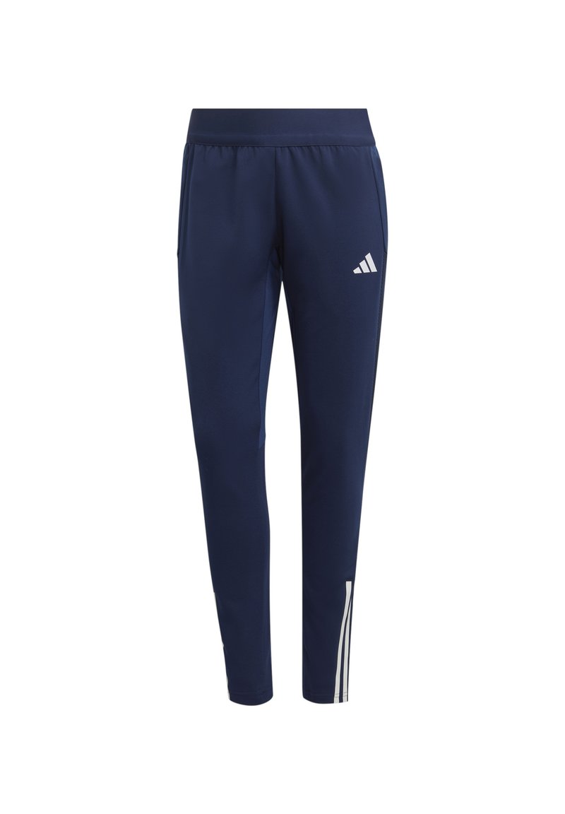 Pantalons de sport navy en tissu respirant, avec un design fuselé, une taille élastique et des accents blancs à trois rayures sur les côtés.