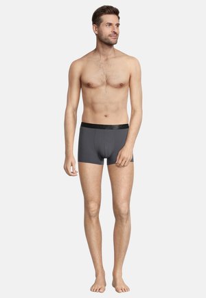 Graue Boxershorts mit einem schwarzen elastischen Bund, die über eine glatte Textur und ein figurschmeichelndes Design verfügen. Der Stoff wirkt dehnbar und strapazierfähig.