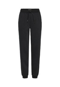 Svart joggebukse i casual stil med elastisk midje, justerbar snor, sidelommer og mansjetterte ankler for en avslappet passform.