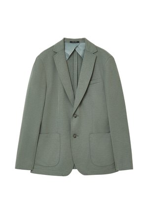 Blazer texturé vert clair avec deux poches avant, fermeture à un bouton, revers crantés et doublure intérieure contrastante.