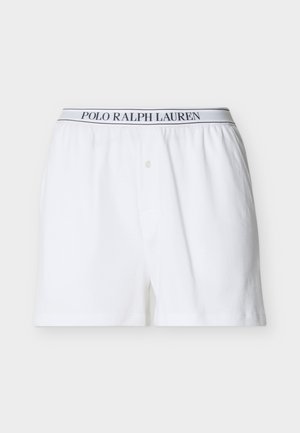 Baltos vyriškos bokserinės kelnaitės su sagomis priekyje ir elastinga juosta su užrašu „Polo Ralph Lauren“ tamsiai mėlyna spalva.