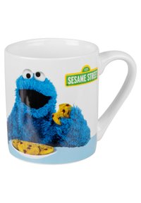 White ceramic mug featuring a blue, furry Cookie Monster from Sesame Street, holding a cookie, with '123 Sesame Street' graphic.