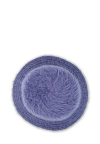 Cojín redondo de lavanda con textura esponjosa en el centro y bordes trenzados, que presenta una superficie lisa y un material suave y acolchado.