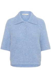 Light blue, short-sleeve knit top with a collar and five-button placket. Soft texture with a slightly boxy fit and ribbed hem.