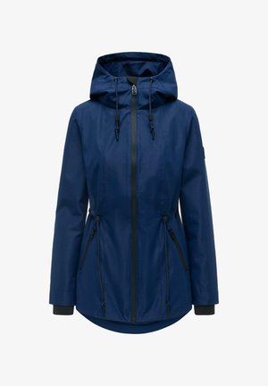 Laivastonsininen naisten huppari sadesuoja, jossa on edessä vetoketju, säädettävät kiristysnyörit, vetoketjulliset sivutaskut ja pidennetty takasauma.