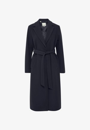 Mornarska dolga jakna z pasom, prirejena zasnova, zarezni ovratniki, stranske žepe in gladka tekstura. Narejena iz tople mešanice tkanin.