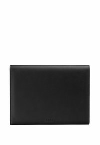 Portefeuille en cuir noir avec coutures minimalistes et petit logo "BOSS" embossé, centré près du bord inférieur.