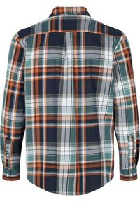 Koszula w kratę z długim rękawem w pomarańczowe, zielone, granatowe i białe paski, pokazująca tył z zapiętymi mankietami i środkowym zakładką.