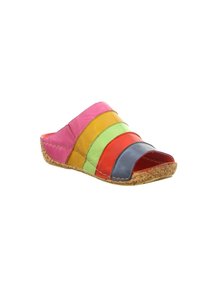 Colorful slide sandals made of leather with a cork sole. Features multiple horizontal stripes in pink, yellow, green, orange, and navy.