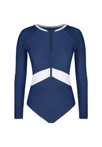 Maillot de bain à manches longues bleu marine avec une fermeture éclair sur le devant, présentant une bande diagonale blanche sur la poitrine et un tissu lisse et extensible.