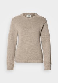 Beige knitted sweater featuring a round neckline, long sleeves with textured accents, and ribbed cuffs and hem.