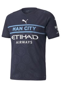 Tummansininen urheilu paita, joka on valmistettu kevyestä kankaasta ja jossa on pyöreä pääntie. Painetut logot: "MAN CITY" valkoisena, "ETIHAD AIRWAYS" valkoisena.