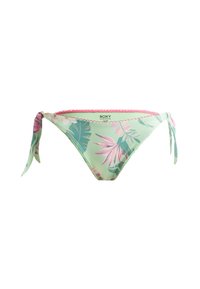 Grüner Bikiniunterteil mit pinkem Blumenmuster, seitlichen Bindebändern und gewellten Kanten. Hergestellt aus dehnbarem Stoff für Komfort.