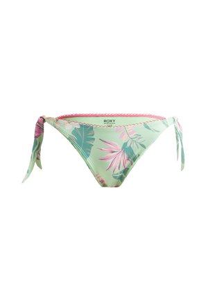 Parte inferior de bikini verde con patrón floral rosa, tirantes laterales anudados y bordes en forma de concha. Fabricada con tela elástica para mayor comodidad.