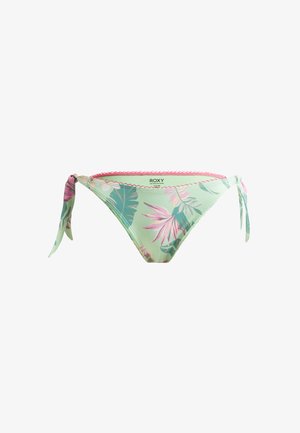 Bas de bikini vert avec motif floral rose, cordons sur les côtés et bords festonnés. Fabriqué en tissu extensible pour le confort.