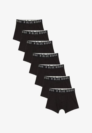 Kuus paari musti boksereid, mis on diagonaalselt virnastatud, igaühel must vöö, millel valgete tähtedega kiri "BLUE RIDGE".