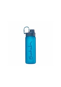 Blauer, transparenter Wasserbehälter mit Schraubverschluss, angebrachtem Tragegriff und großem "Satch"-Logo auf der Seite gedruckt.