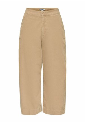 Pantalon beige à jambes larges et coupé court avec taille haute et texture verticale subtile, avec poches latérales et fermeture éclair devant.