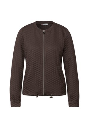 Veste matelassée marron foncé avec fermeture éclair complète à l'avant, col rond, manches longues, deux poches avant et cordons réglables à la base.