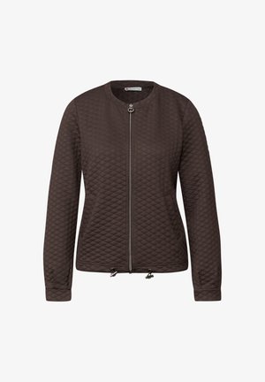 Tmavě hnědá prošívaná bunda s celopropínacím zipem, kulatým límcem, dlouhými rukávy, dvěma předními kapsami a nastavitelnými šňůrkami na spodním lemu.