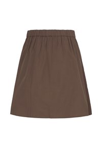 Jupe marron longueur aux genoux avec taille élastique et légers plis, présentée sur un fond blanc uni.