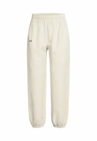 Svetla bež joggers s elastičnim pasom in zoženimi manšetami. Narejeni iz gladkega materiala, ki ima majhen črn logotip na levi strani.