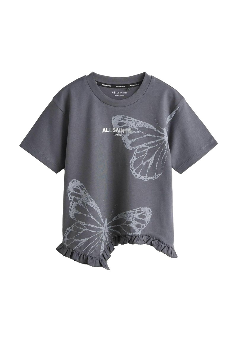 Graues Baumwoll-T-Shirt mit Schmetterlingsdruck in Silber und einem Rüschenbund. Rundhalsausschnitt und kurze Ärmel. Markenetikett innen sichtbar.