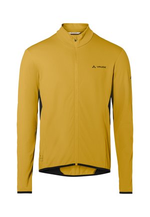 Gelbe Radjacke mit langen Ärmeln, durchgehendem Frontreißverschluss, hohem Kragen und schwarzem Vaude-Logo auf Brust und Ärmel.